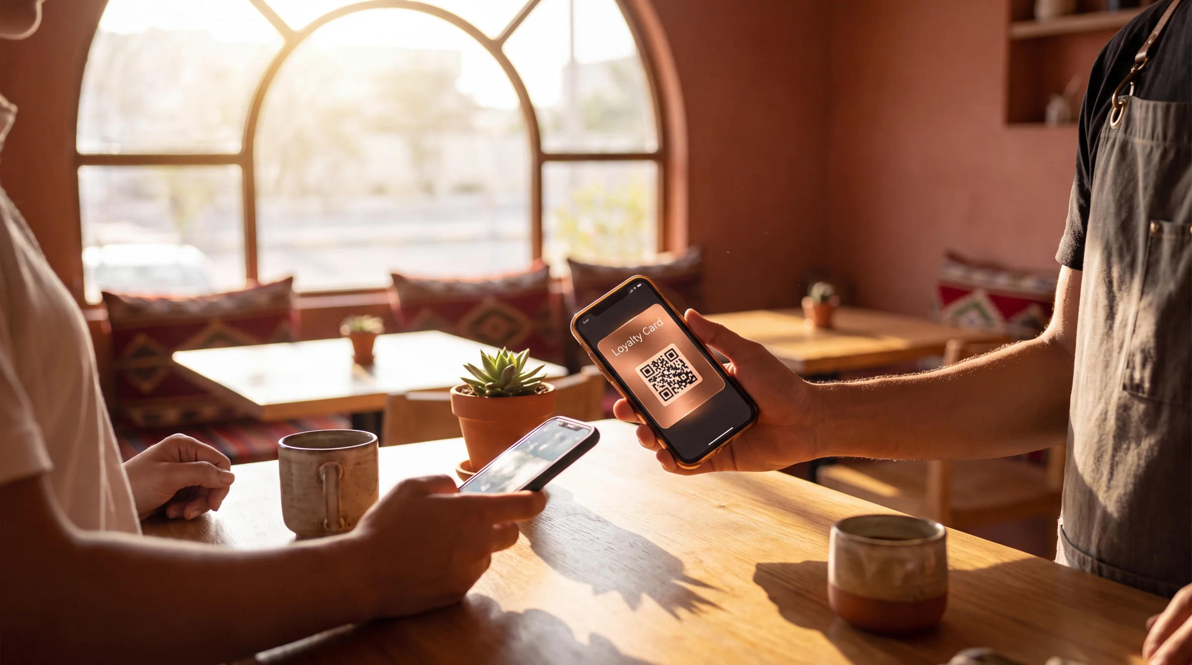 A barista handing a customer their phone after scanning a digital loyalty QR code at a warm, sunlit cafe counter