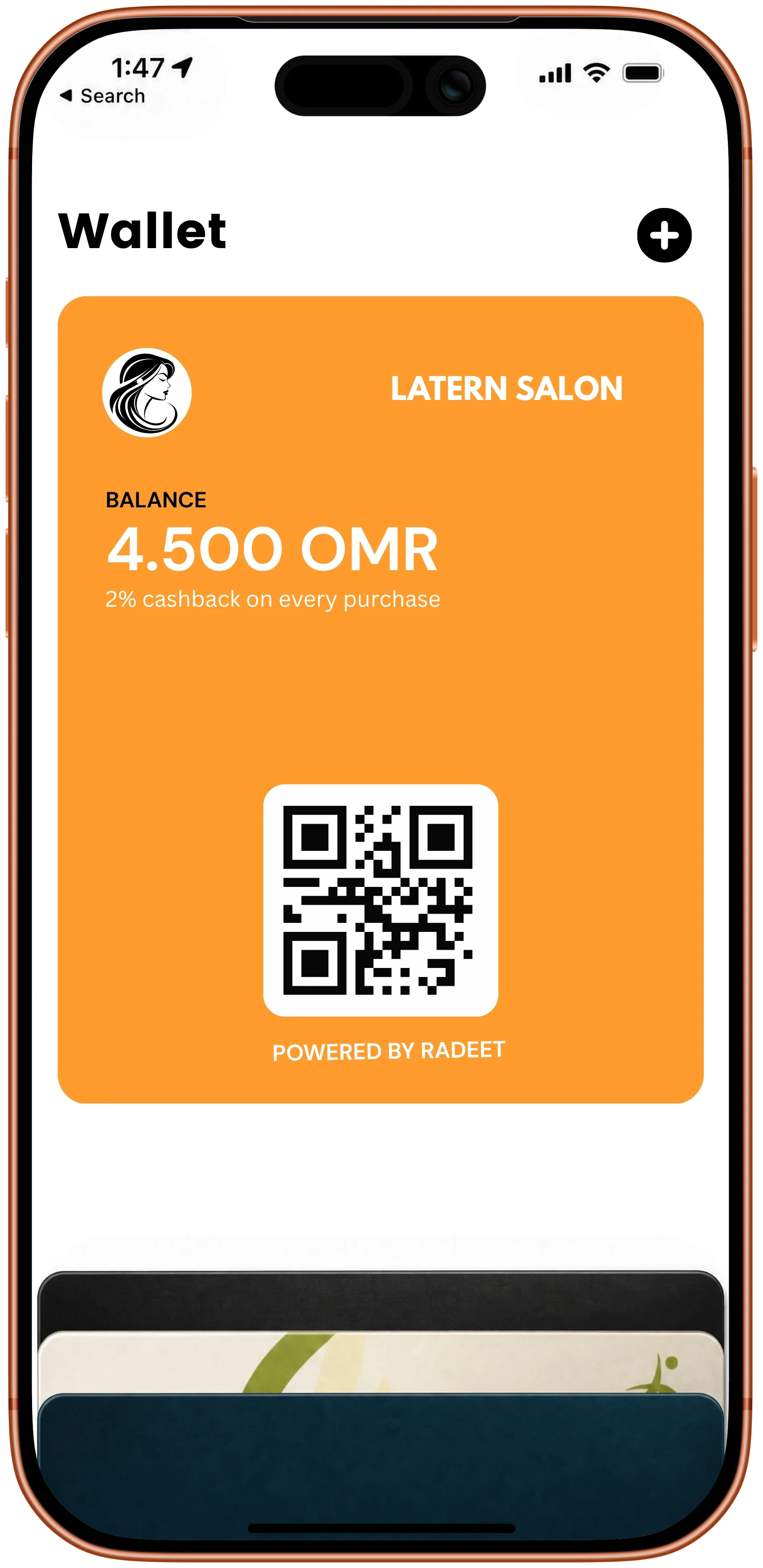 iPhone showing a Radeet cashback loyalty card in Apple Wallet