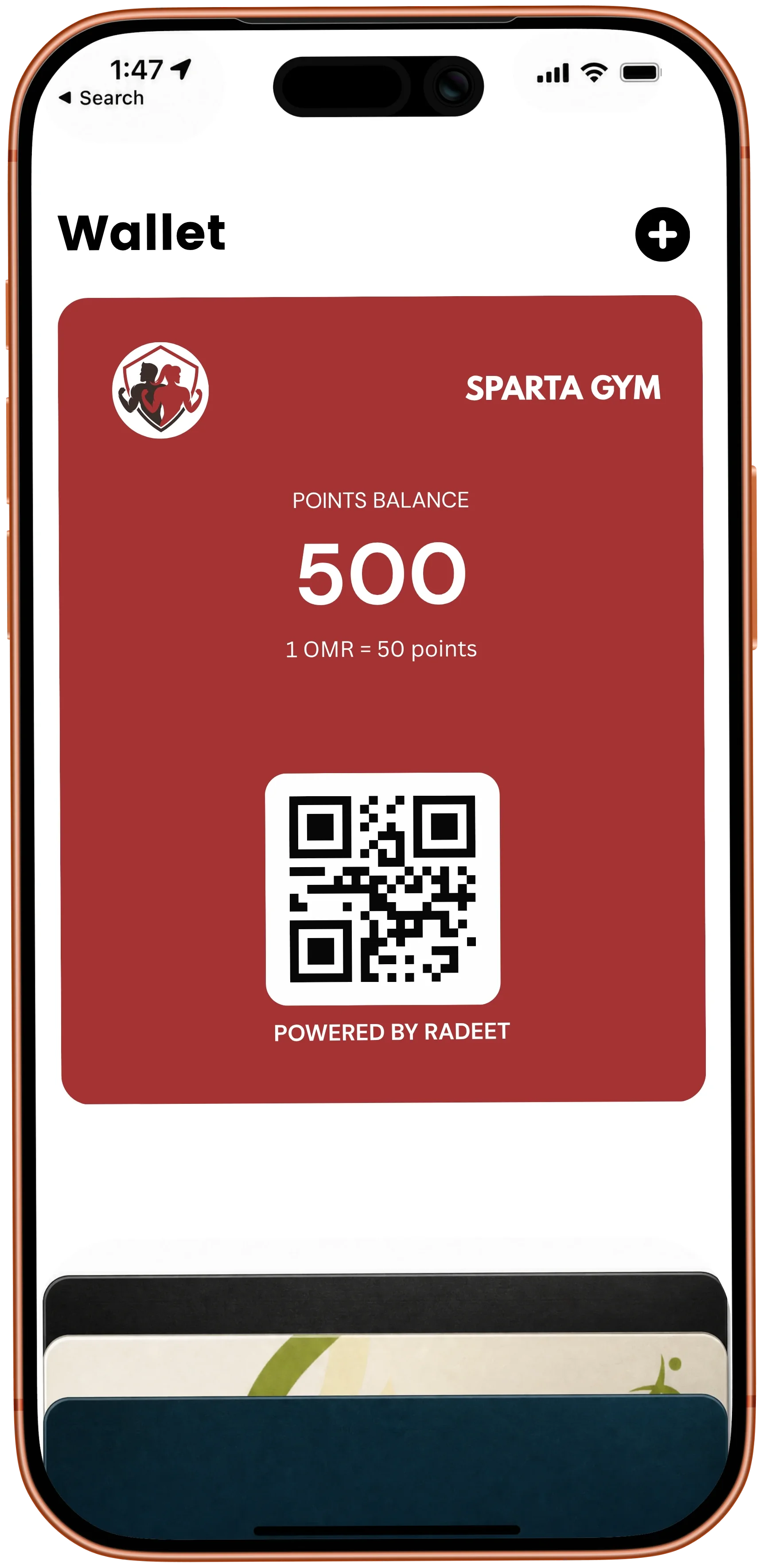 iPhone showing a Radeet points loyalty card in Apple Wallet