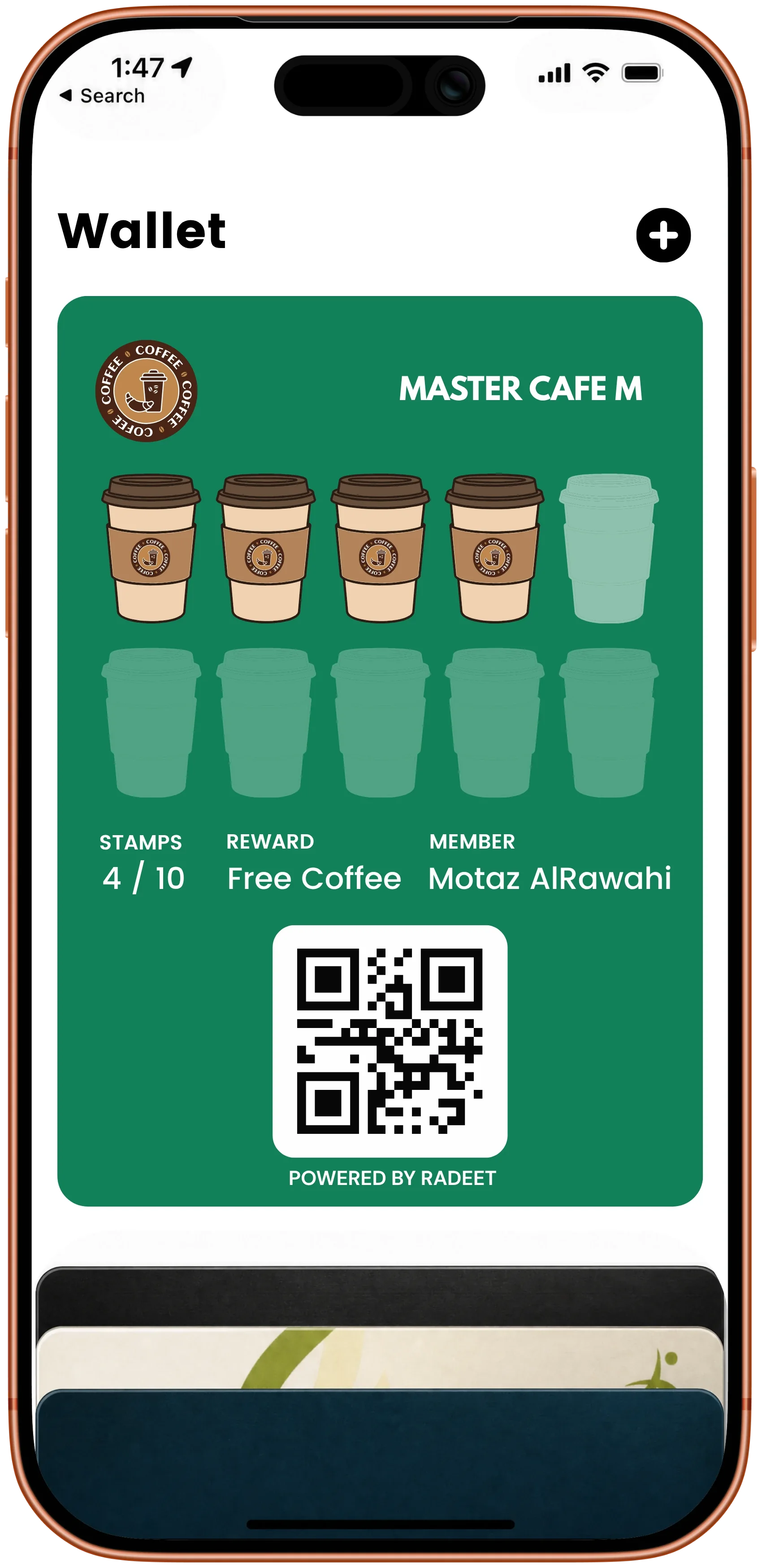 iPhone showing a Radeet stamp loyalty card in Apple Wallet