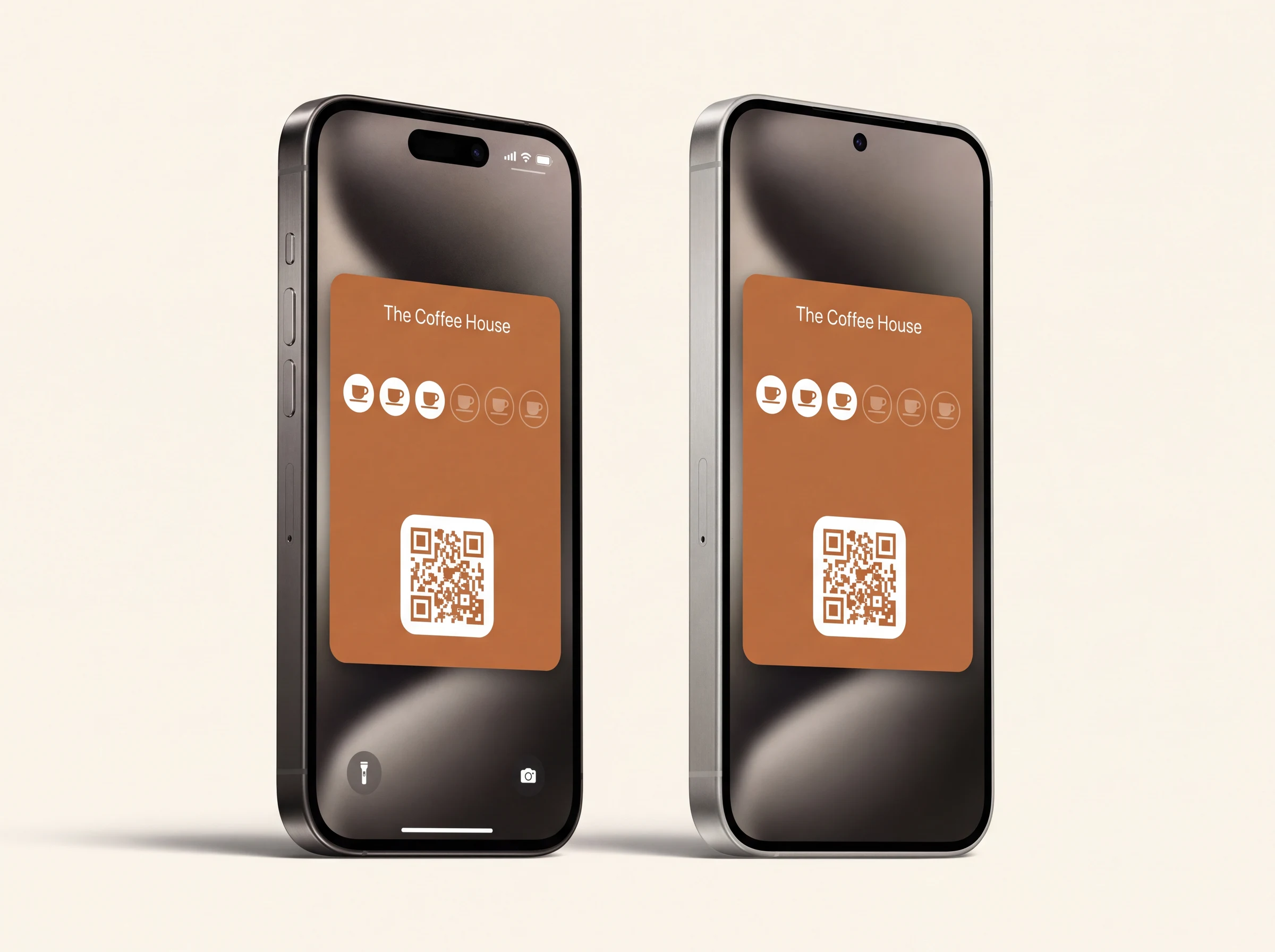 An iPhone and an Android phone side by side, each showing a digital stamp card in Apple Wallet and Google Wallet