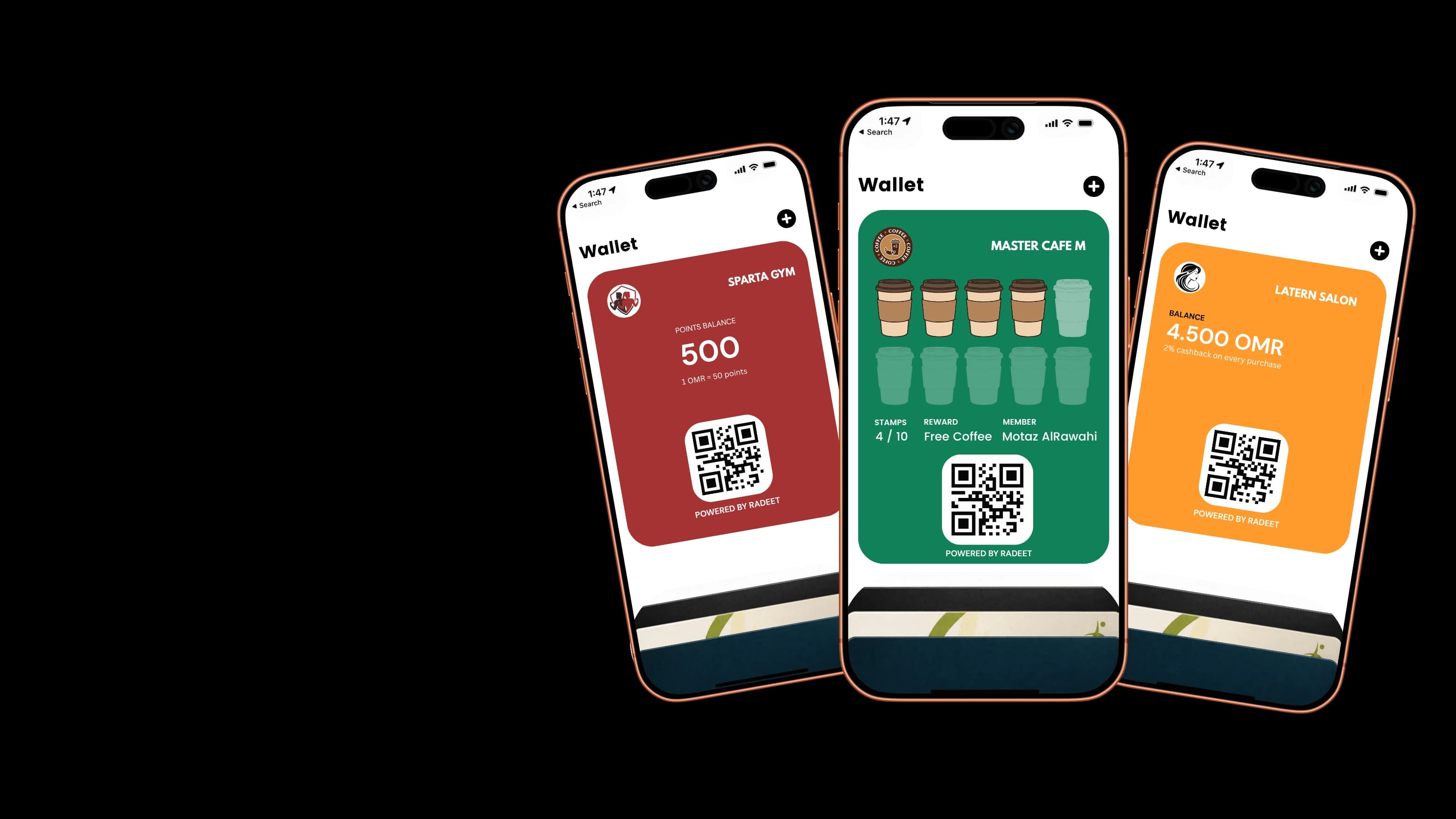 Three iPhones showing different Radeet loyalty cards in Apple Wallet: a points card, a stamp card, and a cashback card